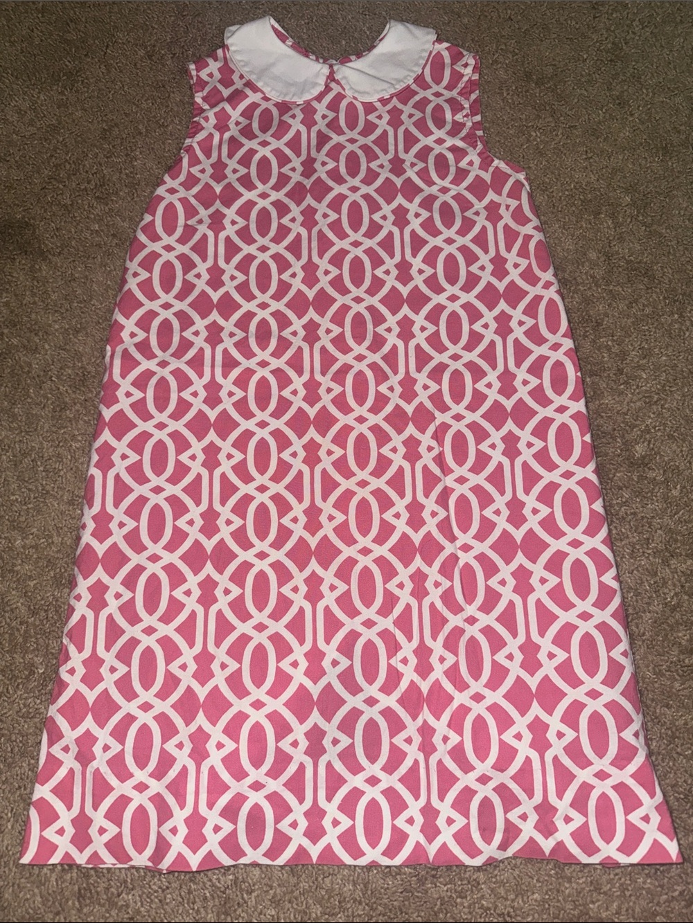 Girls Pink Geometric Print Sleeveless dress with Peter Pan Collar